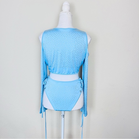 Baby Blue Rhinestone Cut Out Lace Up Long Sleeve Crop Top & Bottoms Rave Set - Picture 3 of 12